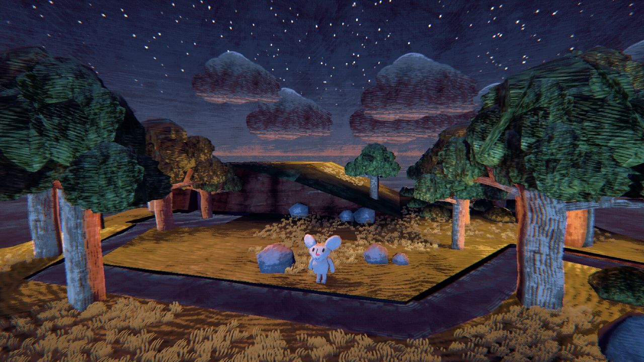 A teddy bear-like character stands in a forest in game art made in Blender to look like papercraft