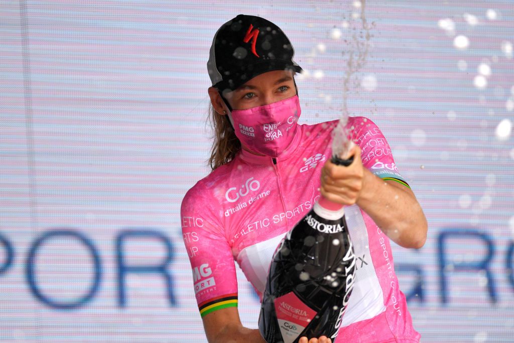 OVADA ITALY JULY 04 Anna Van Der Breggen of Netherlands and Team SD Worx Pink Leader Jersey celebrates at podium during the 32nd Giro dItalia Internazionale Femminile 2021 Stage 3 a 135km stage from Casale Monferrato to Ovada Champagne GiroDonne UCIWWT on July 04 2021 in Ovada Italy Photo by Luc ClaessenGetty Images