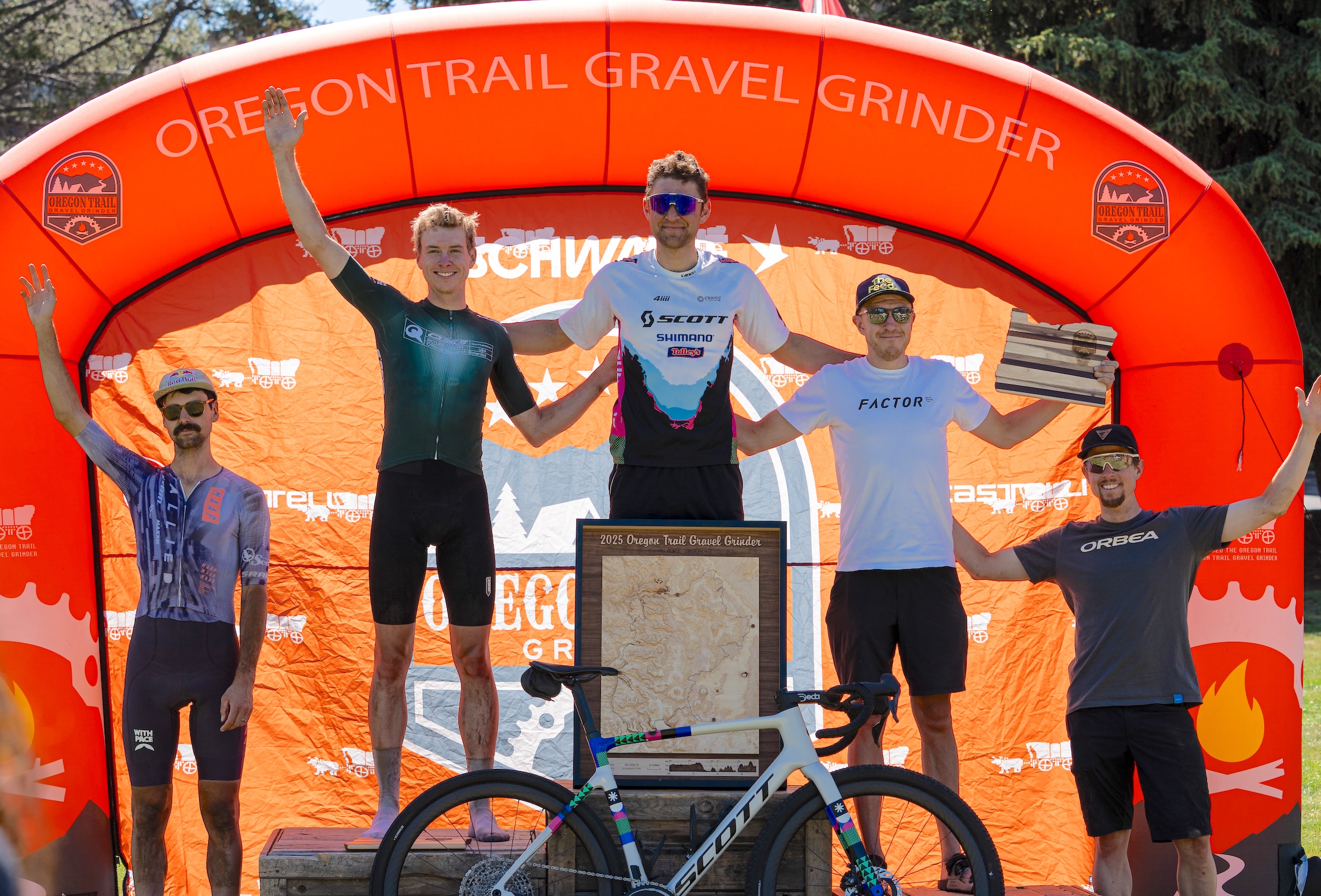 Men's GC podium 2025 Oregon Trail Gravel, the overall won by Cameron Jones (centre)