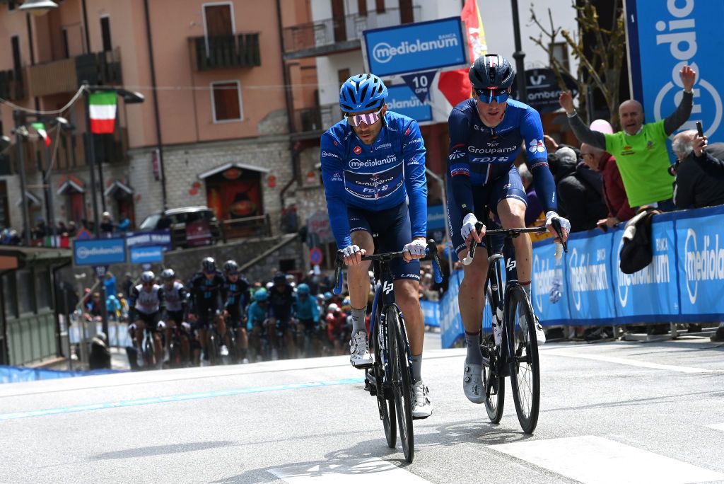 GRAN SASSO DITALIA CAMPO IMPERATORE ITALY MAY 12 LR Thibaut Pinot of France Blue Mountain Jersey and Stefan Kung of Switzerland and Team Groupama FDJ compete during the 106th Giro dItalia 2023 Stage 7 a 218km stage from Capua to Gran Sasso dItalia Campo Imperatore 2123m UCIWT on May 12 2023 in Gran Sasso dItalia Campo Imperatore Italy Photo by Tim de WaeleGetty Images