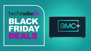 A Black Friday deals sign next to a TV displaying the AMC+ logo
