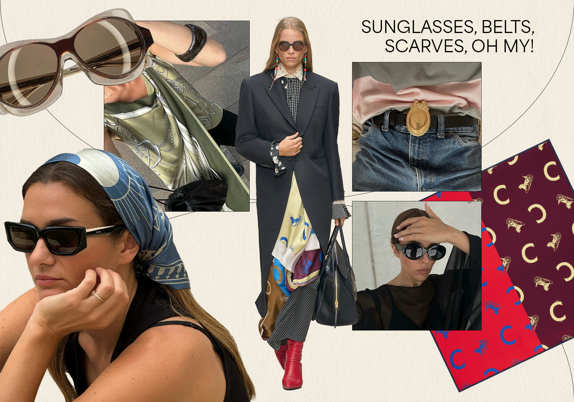 A collage featuring the summer 2026 scarves, belts, and sunglasses fashion trends with runway, Instagram, and product imagery and gifs.