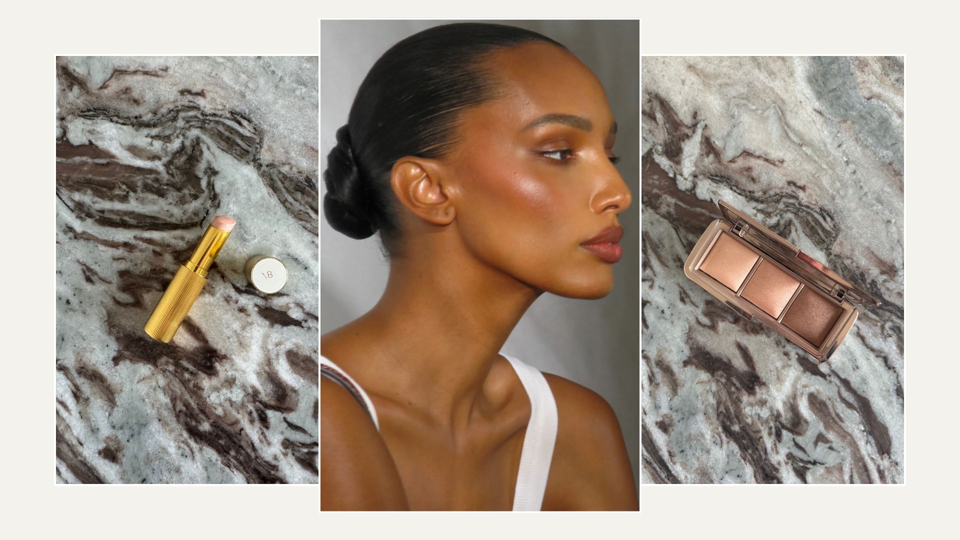 A collage of highlighters and a photo of Jasmine Tookes