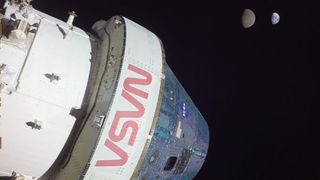 The Earth and moon as seen from the Orion spacecraft.