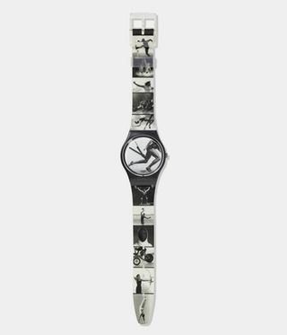swatch watch featuring black and white photography