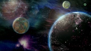 graphic illustration of several alien worlds without a host star.