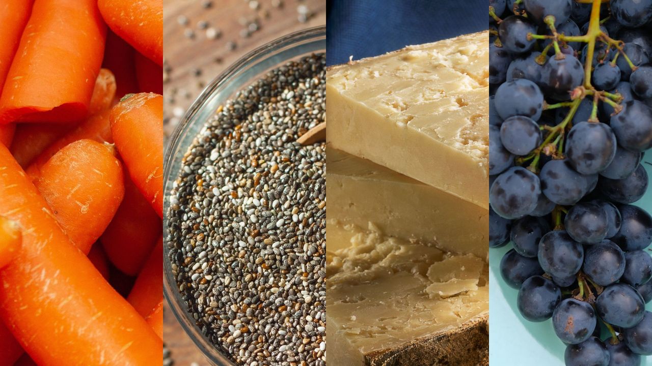 A selection of the best foods to keep illnesses at bay, including carrots, chia seeds, cheese, and grapes