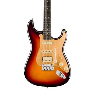 The Fender American Ultra II HSS Stratocaster in its sunburst colour scheme on a plain white background