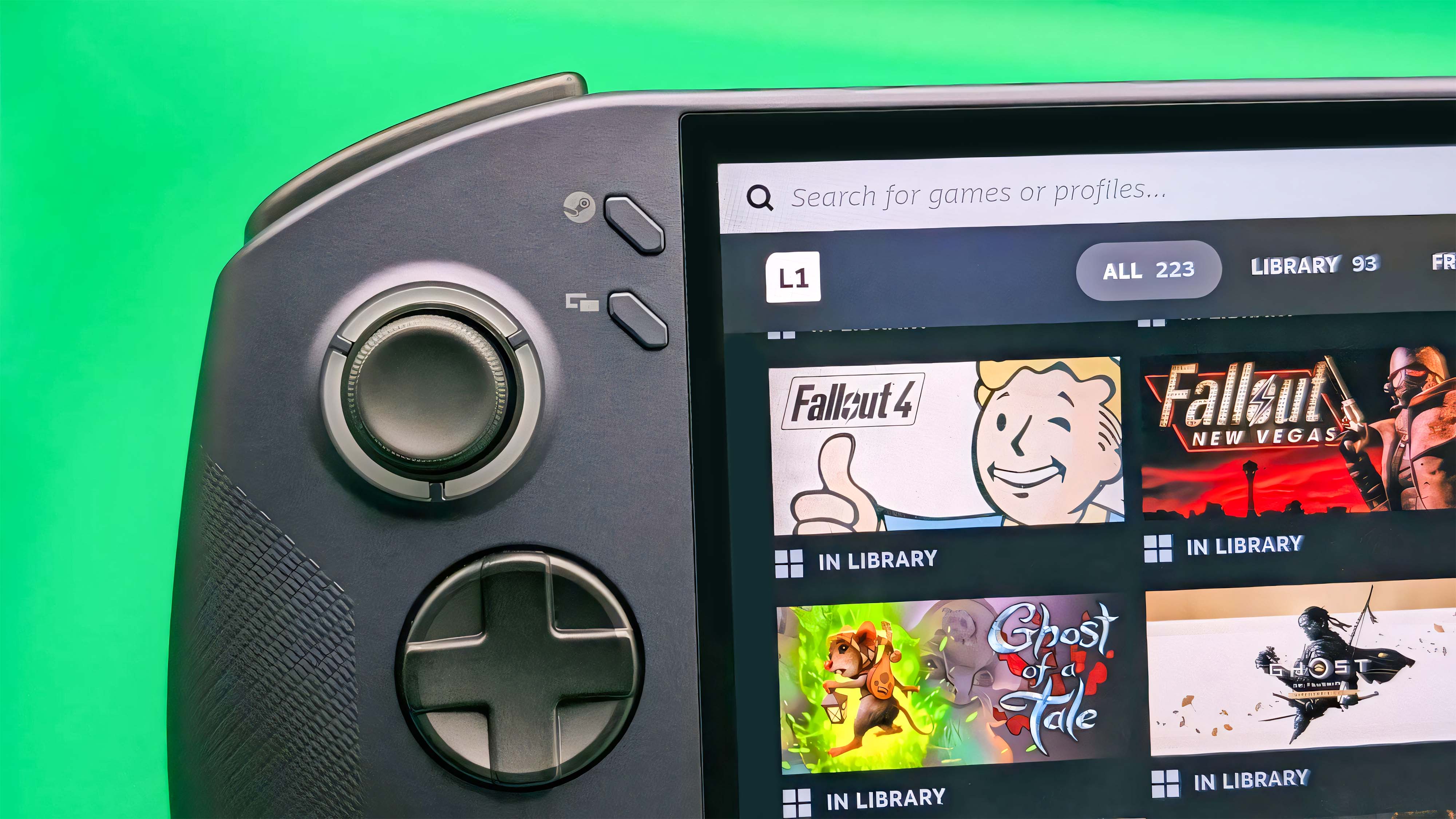 Closeup of the Steam button, joystick, and D-Pad on Lenovo Legion Go S (SteamOS).