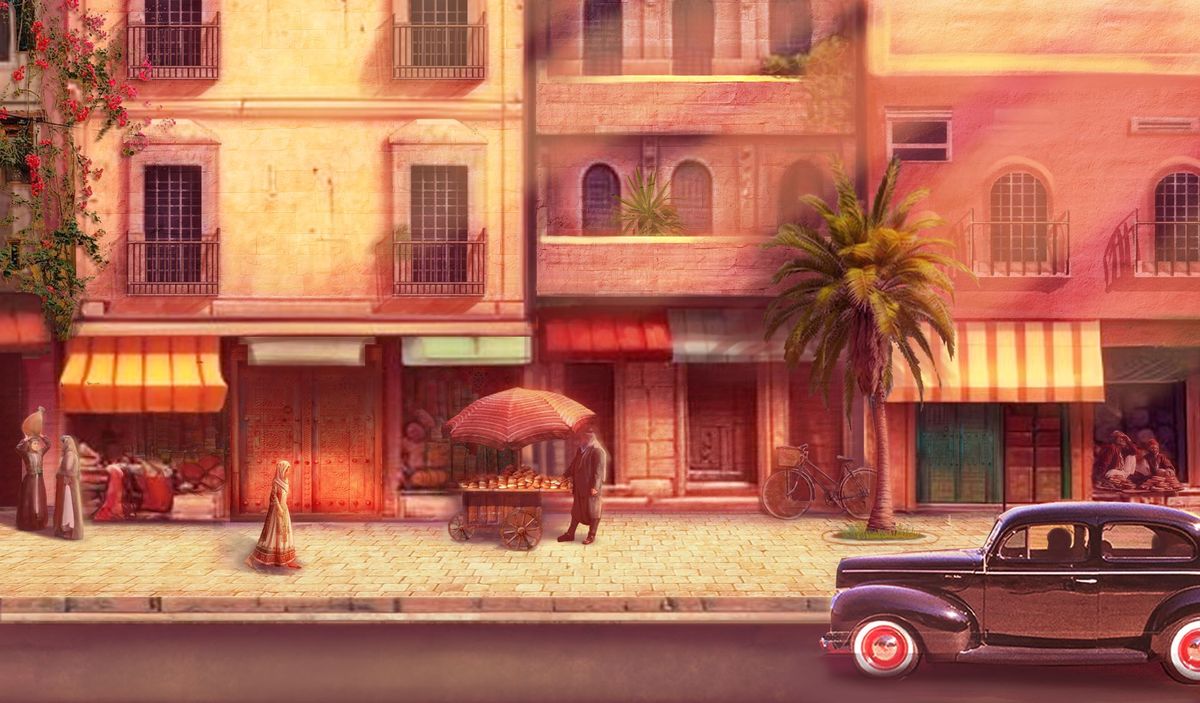 Concept art for Dreams on a Pillow showing a side-on image of a woman walking through Palestinian streets.