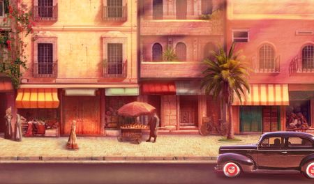 Concept art for Dreams on a Pillow showing a side-on image of a woman walking through Palestinian streets.