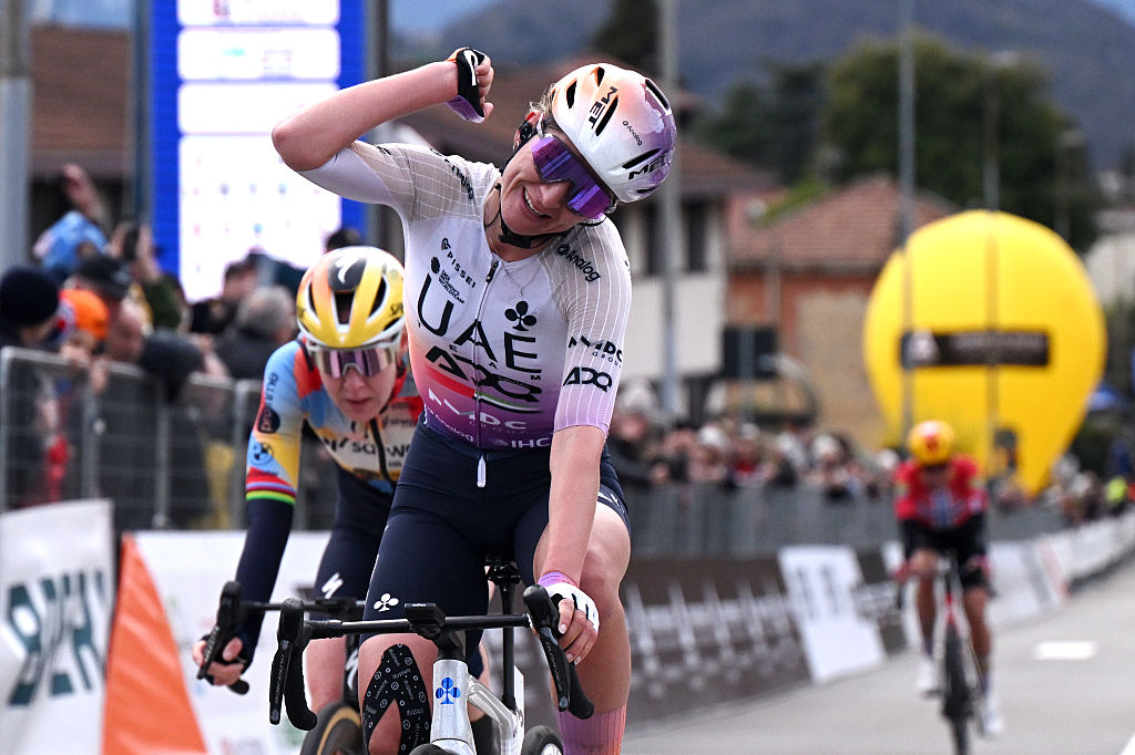 CITTIGLIO, ITALY - MARCH 15: Karlijn Swinkels of Netherlands and UAE Team ADQ celebrates at finish line as race winner during the 27th Trofeo Alfredo Binda - Comune di Cittiglio 2026 a 152.7km one dat race from Luino to Cittiglio / #UCIWWT / on March 15, 2026 in Cittiglio, Italy.Luino, Italy. (Photo by Luc Claessen/Getty Images)