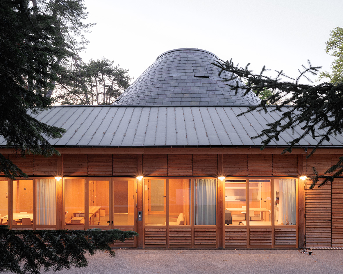 Evian concert hall, La Source Vive, all organic forms in the woods