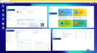 The Synology WRX560 router's web interface, with four apps open.