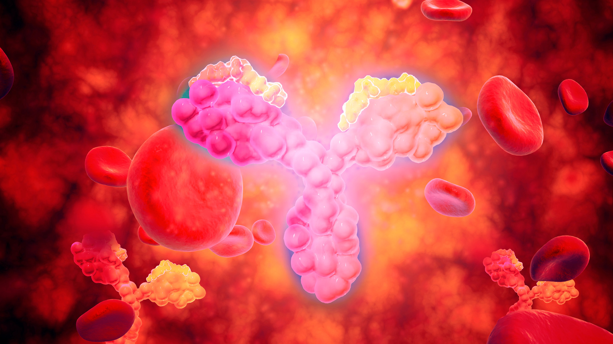 An illustration of a y-shaped group of pink blobs floats in the middle of a blood vessel.