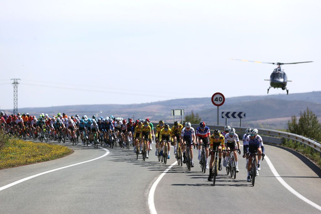 VIANA SPAIN APRIL 05 Remco Evenepoel of Belgium and Team QuickStep Alpha Vinyl Polka Dot Mountain Jersey Julian Alaphilippe of France Dries Devenyns of Belgium and Team QuickStep Alpha Vinyl Gijs Leemreize of Netherlands and Team Jumbo Visma and James Knox of United Kingdom and Team QuickStep Alpha Vinyl lead the peloton during the 61st Itzulia Basque Country 2022 Stage 2 a 2076km stage from Leitza to Viana 461m itzulia WorldTour on April 05 2022 in Viana Spain Photo by Gonzalo Arroyo MorenoGetty Images