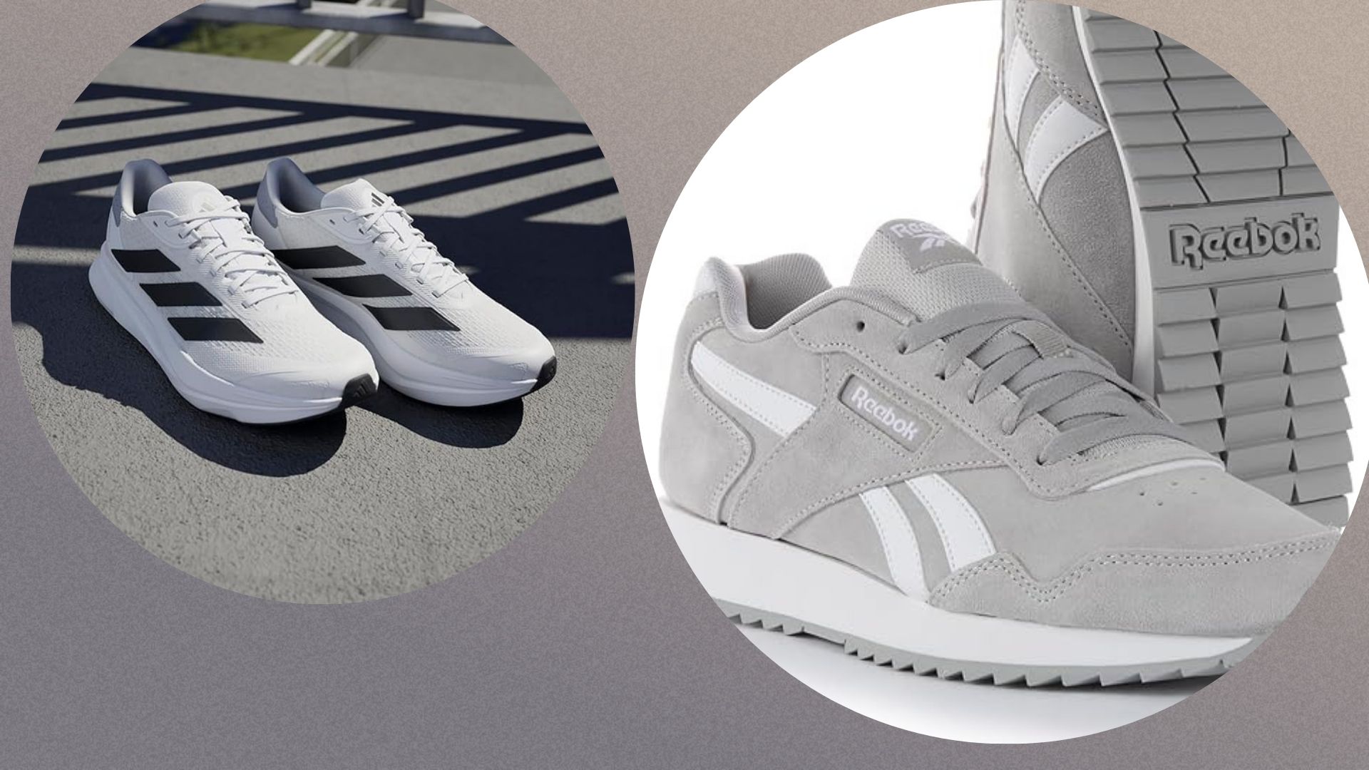 Two images on a grey background of trainers, on the left. white and black pair of Adidas trainers whilst on the right is a grey pair of Reeboks