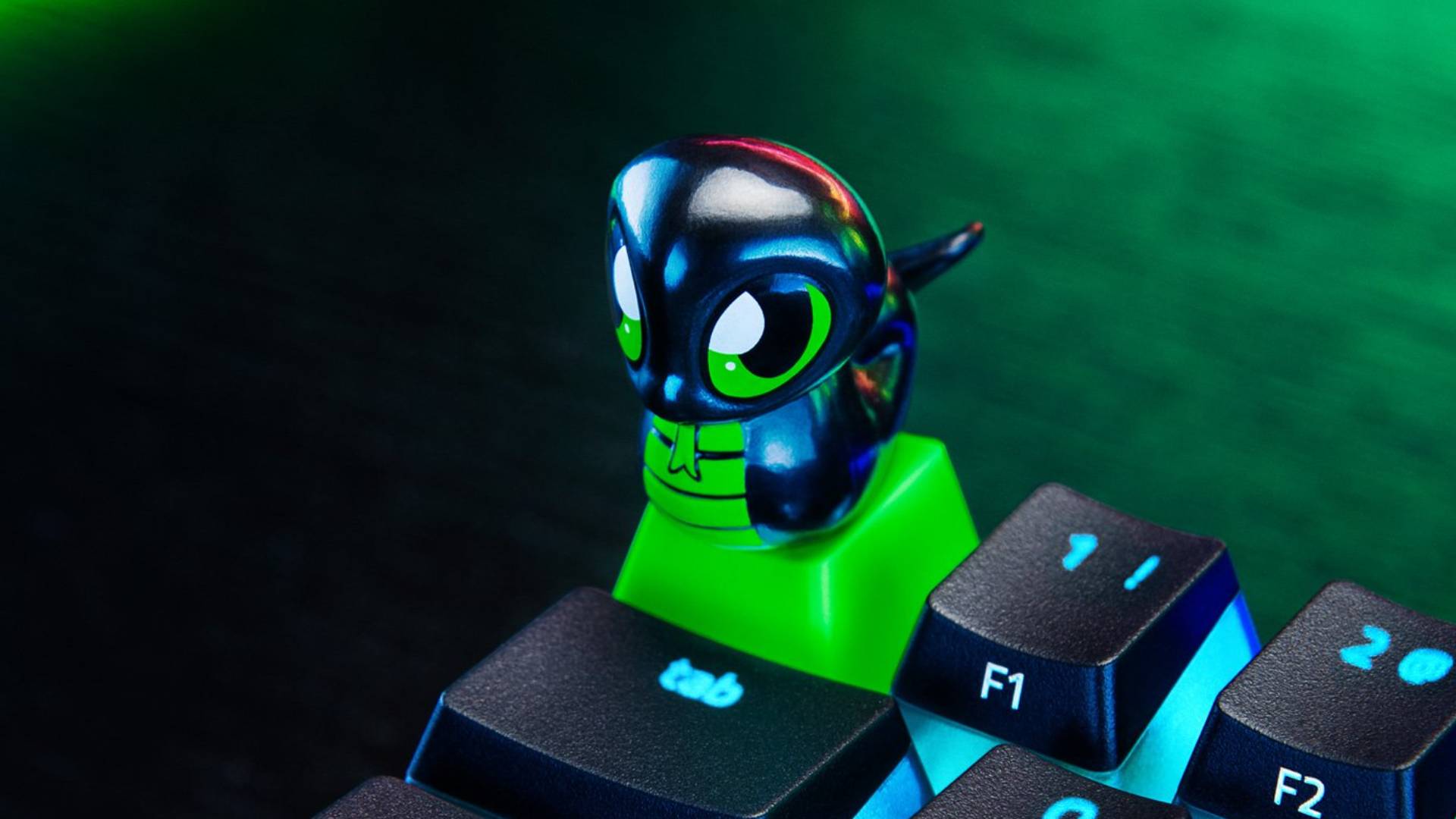 Marketing image of the Razer Sneki Snek Keycap attached to a keyboard.