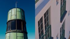 exterior details of the Cori Hornb&aelig;k hotel architecture - a green tower and white facade with big windows