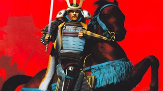 A samurai on horseback against a red backdrop