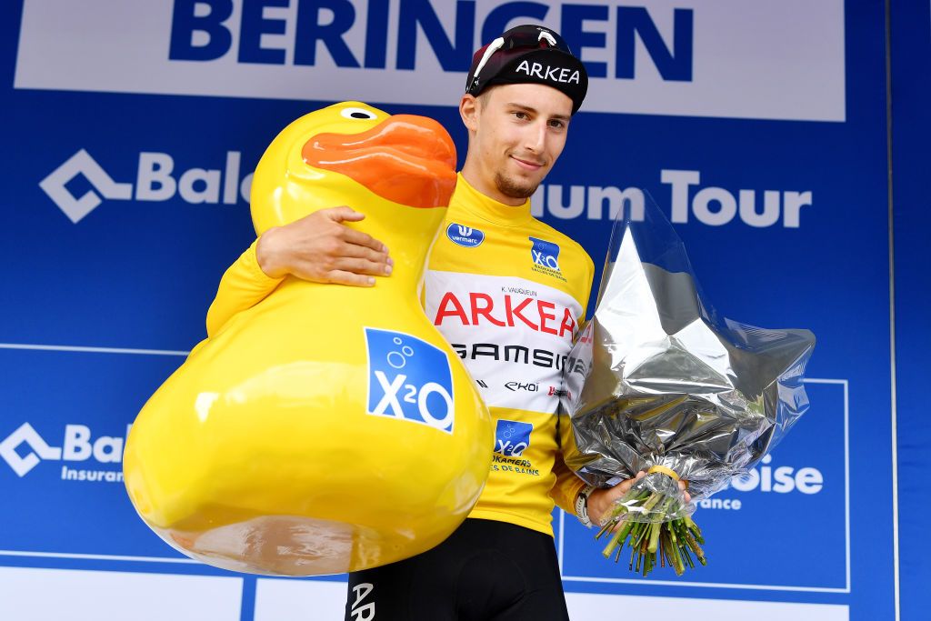 BERINGEN BELGIUM JUNE 19 Kevin Vauquelin of France and Team Arka Samsic celebrates winning the yellow best young jersey on the podium ceremony after the 91st Baloise Belgium Tour 2022 Stage 5 a 1799km stage from Gingelom to Beringen BaloiseBelgiumTour on June 19 2022 in Beringen Belgium Photo by Luc ClaessenGetty Images