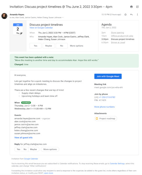 Google Calendar email changes