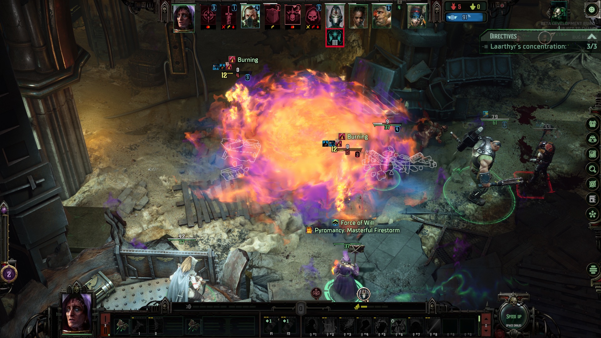 A fantasy game scene with characters battling in a dungeon. A large, colorful fire engulfing multiple characters conveys intense action and magic.