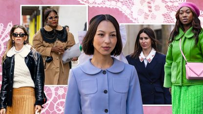 A collage of women wearing Peter Pan collar button-down shirts and coats.
