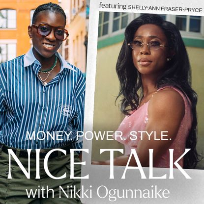 A photo of Nikki Ogunnaike with an inset photo of Shelly-Ann Fraser-Pryce with the words "Money. Power. Style. Nice talk with Nikki Ogunnaike"