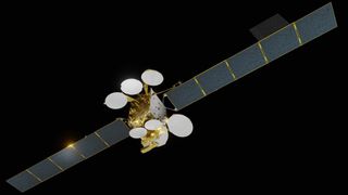 An artist's illustration of the Turksat 5A satellite in orbit.