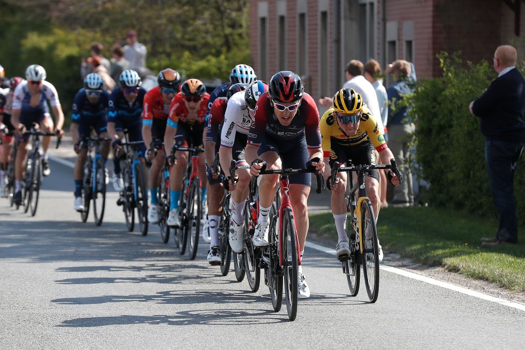 LIEGE BELGIUM APRIL 24 LR Geraint Thomas of The United Kingdom and Team INEOS Grenadiers and Sam Oomen of Netherlands and Team Jumbo Visma attack during the 108th Liege Bastogne Liege 2022 Mens Elite a 2572km one day race from Lige to Lige LBL WorldTour on April 24 2022 in Liege Belgium Photo by Bas CzerwinskiGetty Images