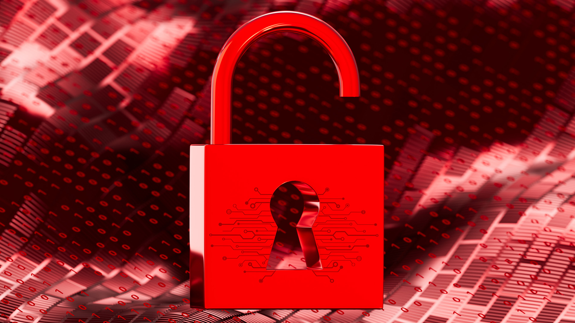 A red padlock on a glitched red background, representing ransomware.