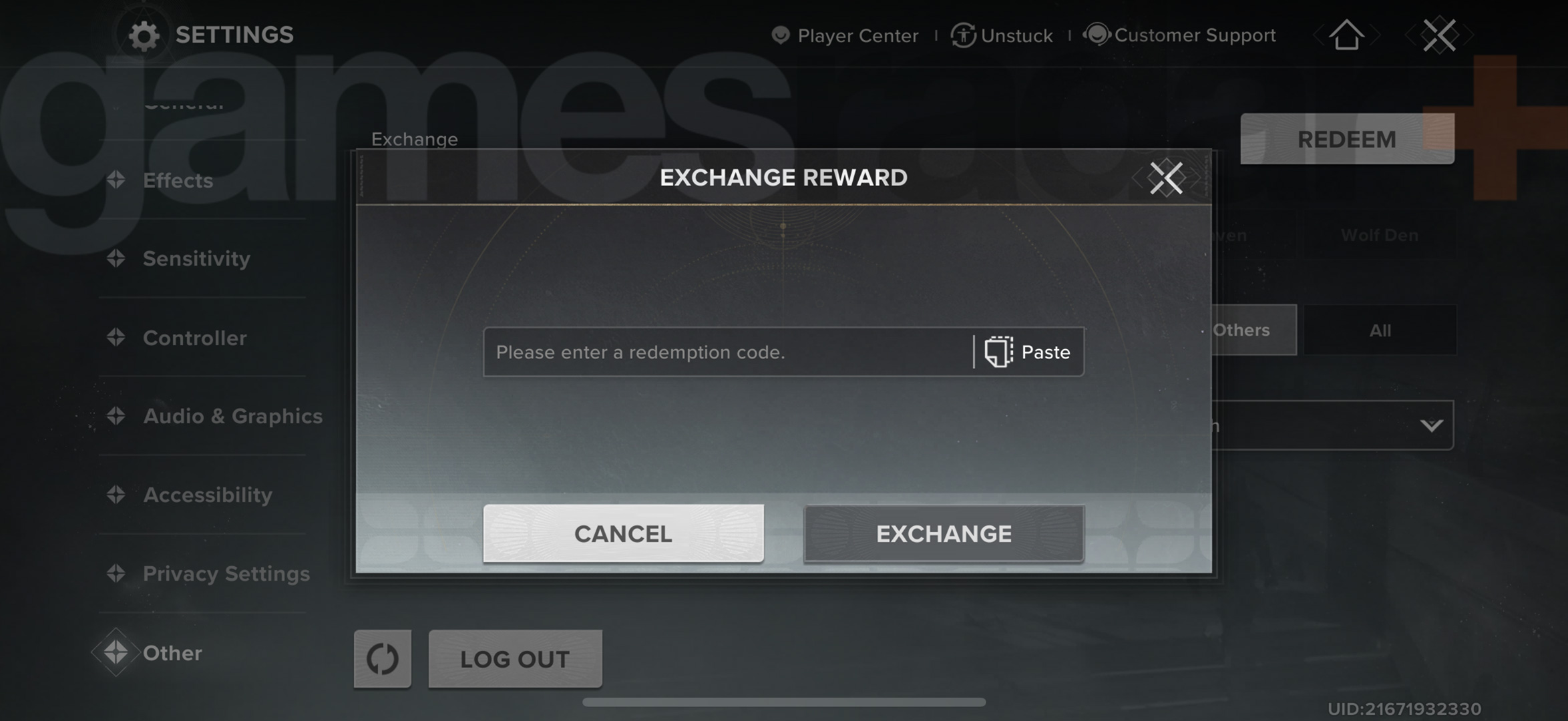 The Destiny Rising codes Exchange Reward screen