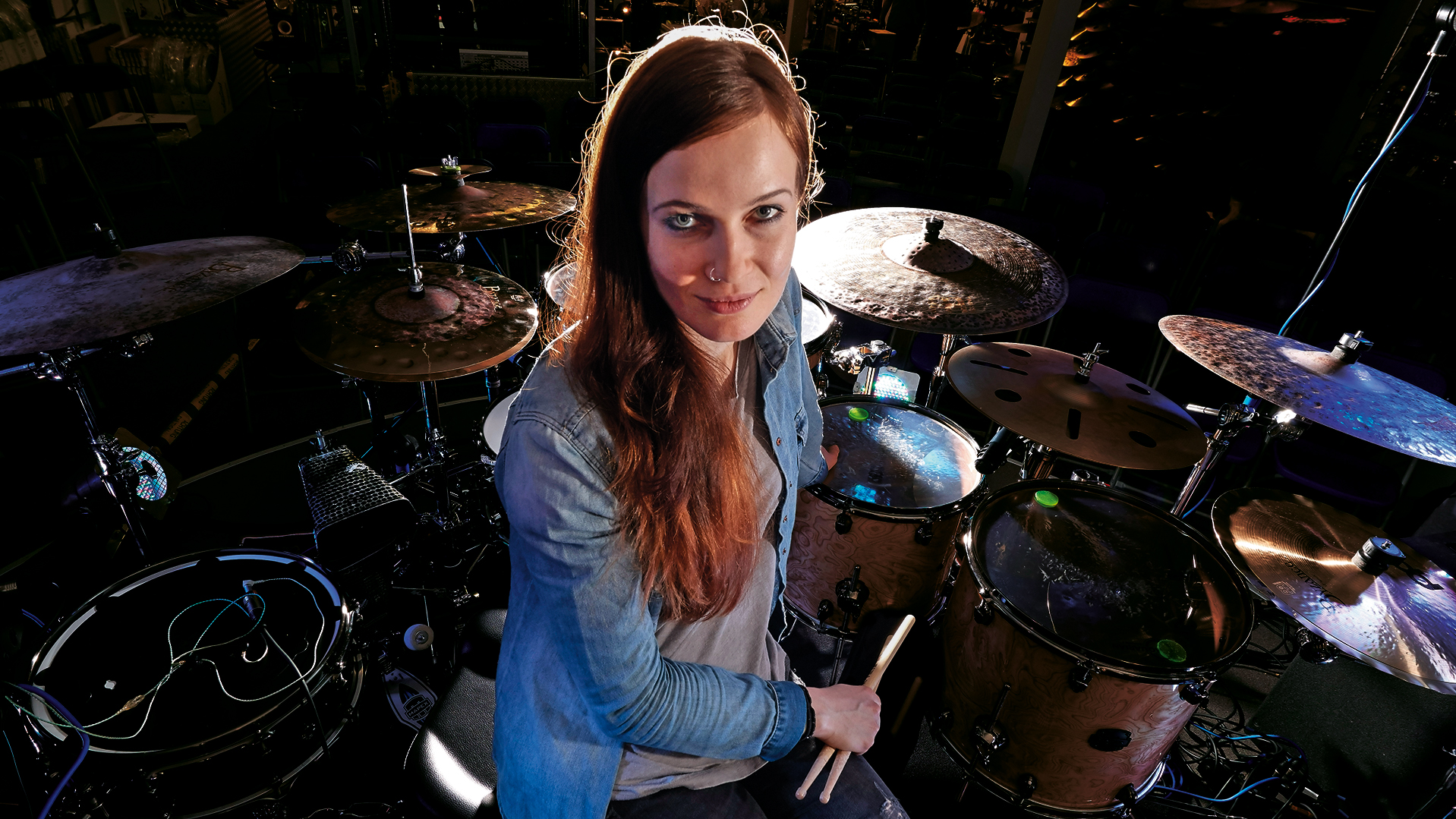 Portrait of German rock musician Anika Nilles photographed at Graham Russell Drums in Fareham on May 8, 2015 