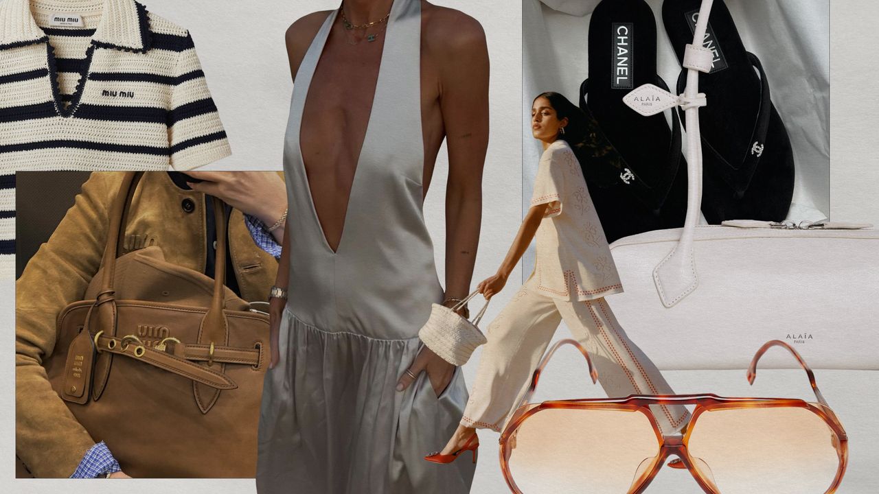 a collage of product and influencer images featuring luxury fashion items for summer