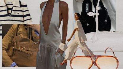 a collage of product and influencer images featuring luxury fashion items for summer