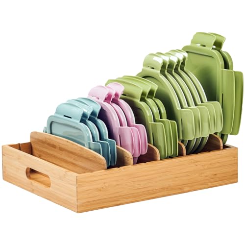 Umilife Kitchen Cabinet Organizer for Food Storage Container Lids, With Adjustable Dividers, Bamboo Drawer Caddy, Box for Kitchen Storage and Organization
