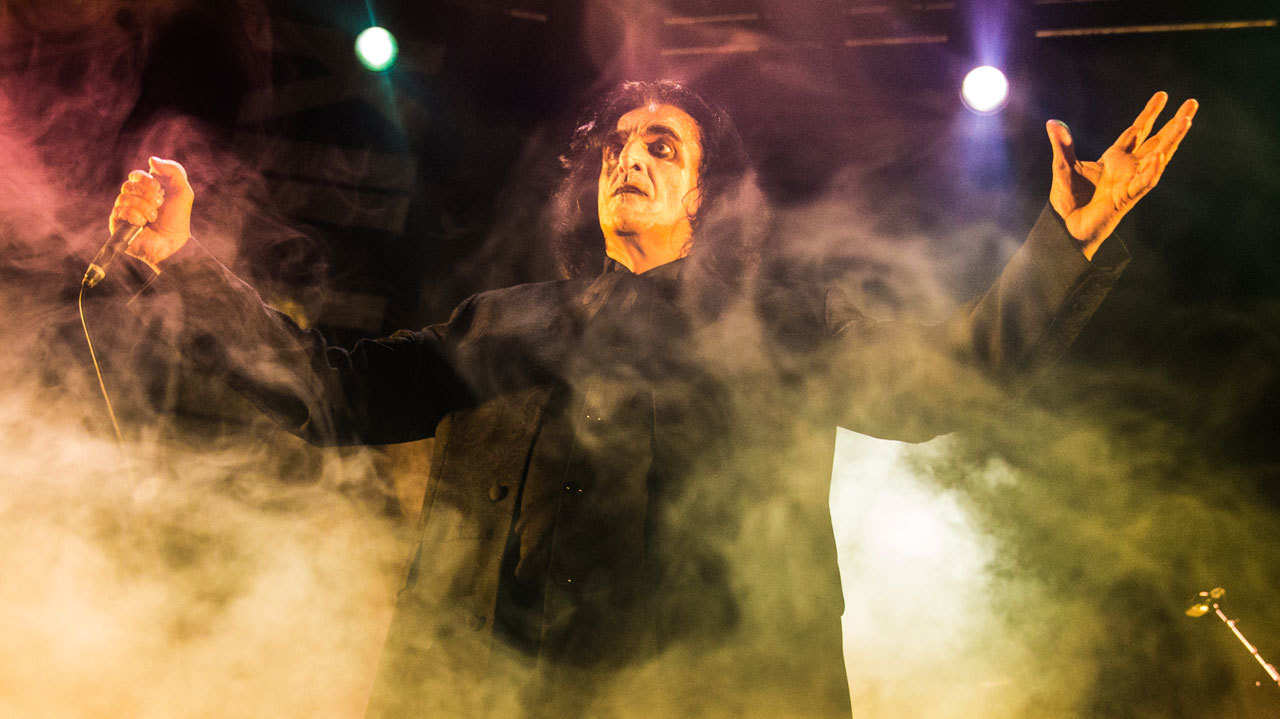 A photograph of Jaz Coleman on stage