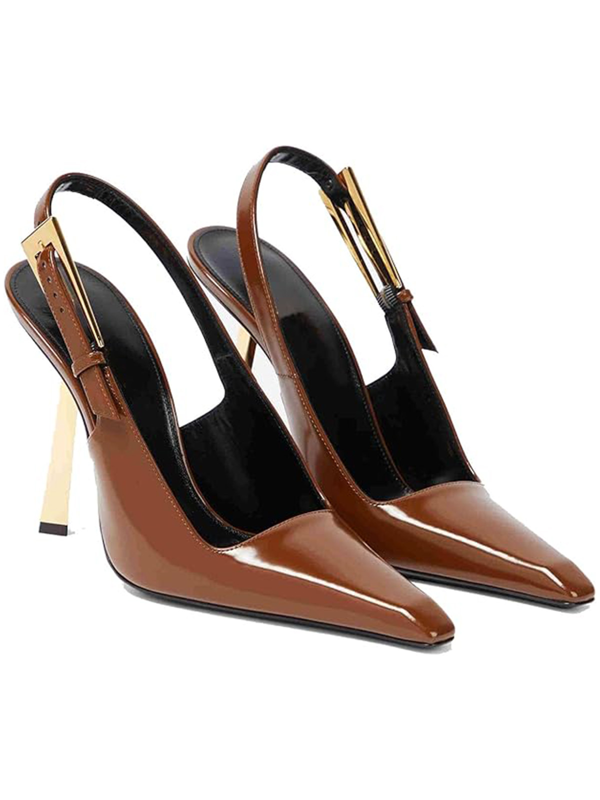 Theshy Women's Slingback Stiletto High Heels Square Toe Metal Buckle Pumps Backless Patent Leather Fashion Dress Shoes for Women Brown