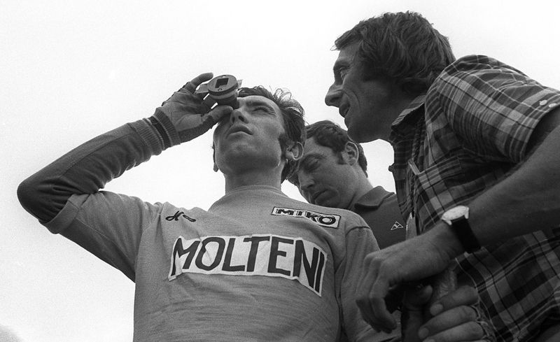 Eddy Merckx checks the photo finish of stage 15 at the 1972 Tour de France which was awarded to Cyrille Guimard