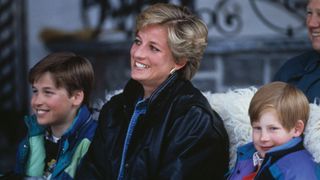 Princess Diana with her sons Prince William and Prince Harry on a skiing holiday in Lech, Austria