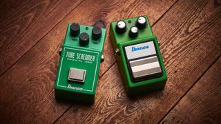 Best overdrive pedals: Two Ibanez Tube Screamers on a wooden floor
