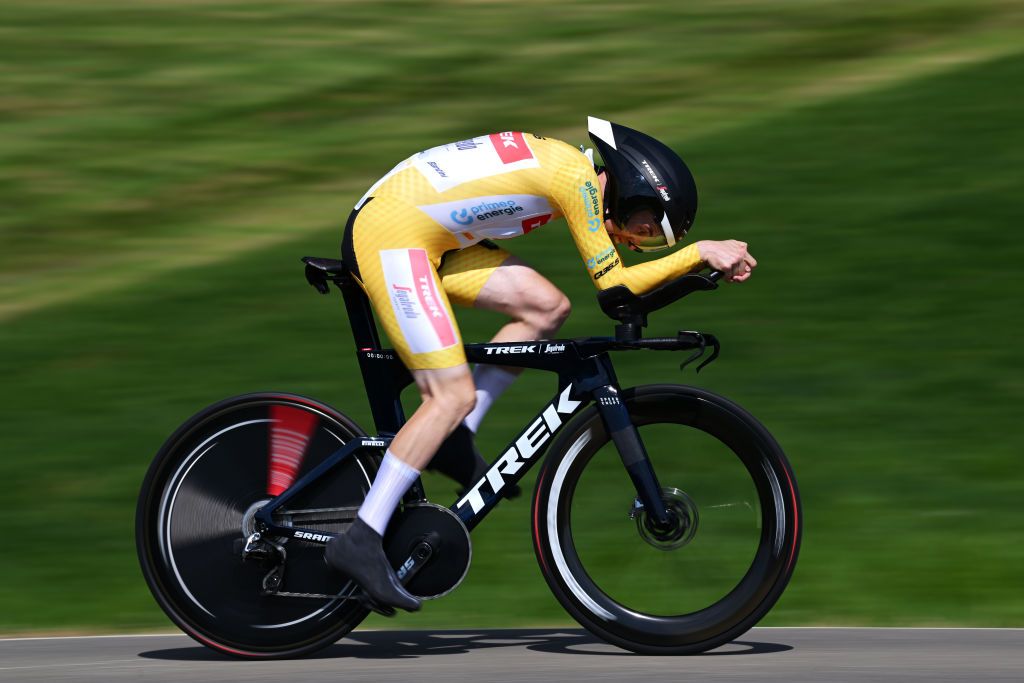 ABTWILL SWITZERLAND JUNE 18 Mattias Skjelmose Jensen of Denmark and Team TrekSegafredo Yellow Leader Jersey sprints during the 86th Tour de Suisse 2023 Stage 8 a 257km individual time trial from St Gallen to Abtwil UCIWT on June 18 2023 in Abtwil Switzerland Photo by Dario BelingheriGetty Images