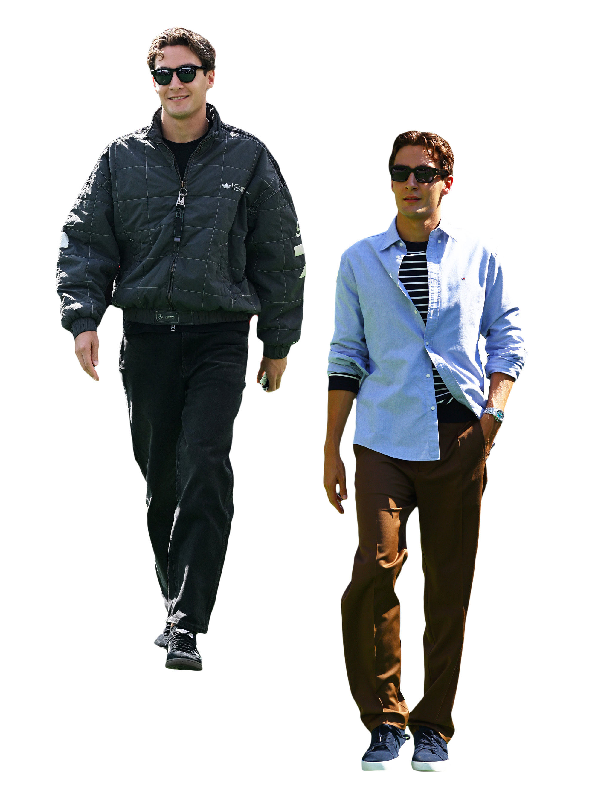 A collage of F1 paddock outfit photos of George Russell.