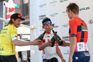 Marco Haller, Caleb Ewan and Heinrich Haussler celebrate a job well done at the conclusion of the 2019 Bay Crits