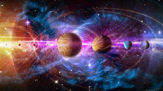 Libra season 2022: Solar system planets set. The Sun and planets in a row on universe stars and lines of gravity background. Elements of this image furnished by NASA.