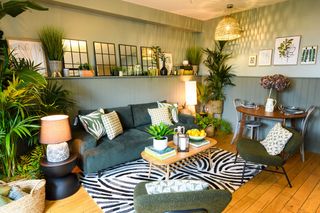 Sage green room with velour couch, boucle green chairs, graphic white and black rug underneath coffee table with potted plants surrounding