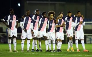 Dulwich Hamlet look on during the penalty shoot out during the FA Cup Third Qualifying Round match between Christchurch and Dulwich Hamlet on October 13, 2020 in Christchurch, Dorset.