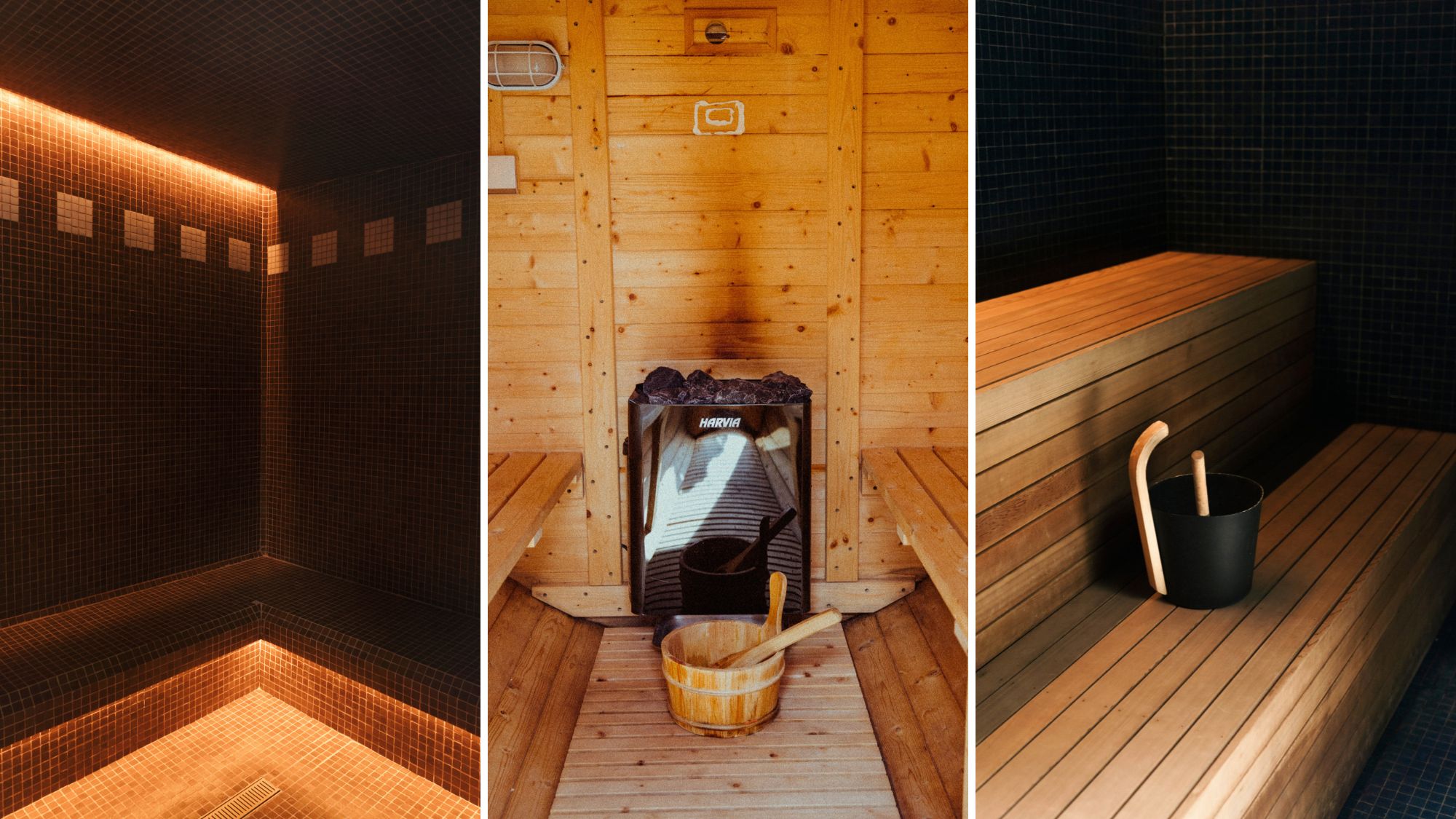 A close up shot of a sauna, with steam bucket and ladel