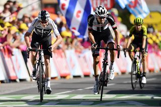 Chris Froome (Team Sky) and Tom Dumoulin (Sunweb) at the finish line of stage 11 at the Tour de France
